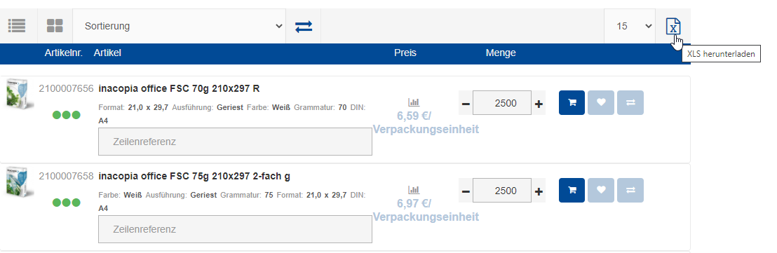 Screenshot Exceldownload Webshop Inapa Deutschland
