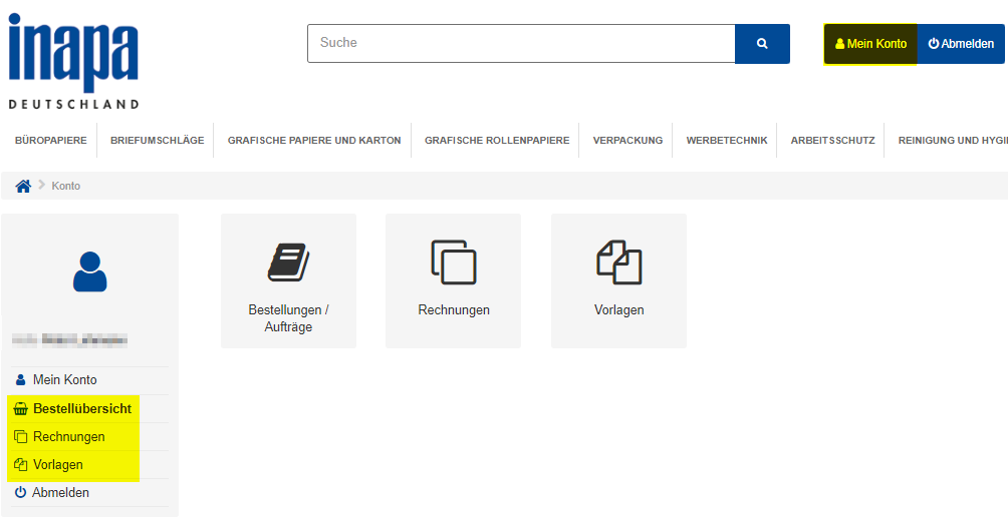 Screenshot Bestellübersicht und Verwaltung Webshop Inapa Deutschland