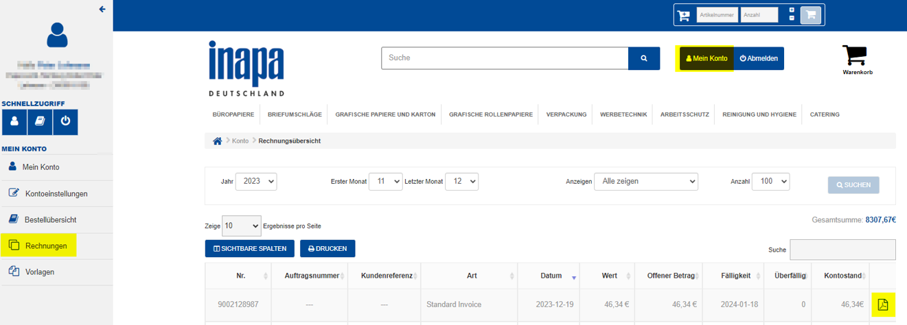 Screenshot Rechnungsübersicht Webshop Inapa Deutschland