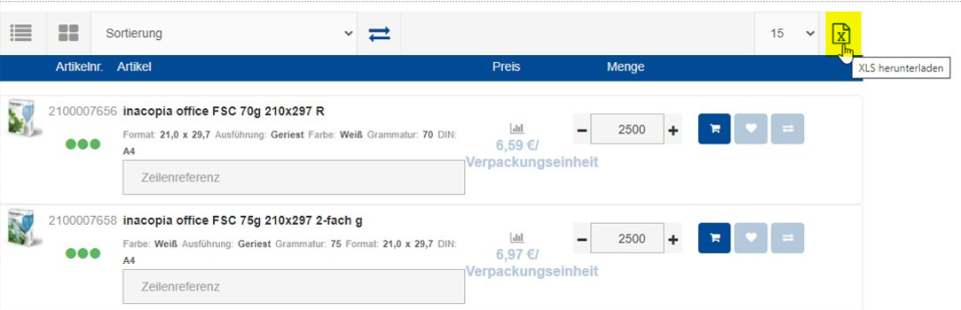 Screenshot Excel Download Webshop Inapa Deutschland
