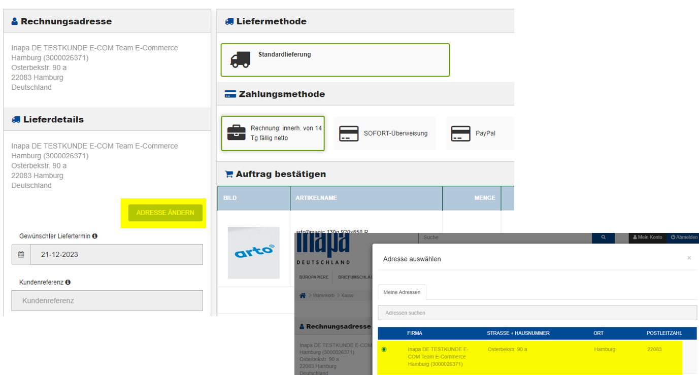 Screenshot Lieferadressen Webshop Inapa Deutschland