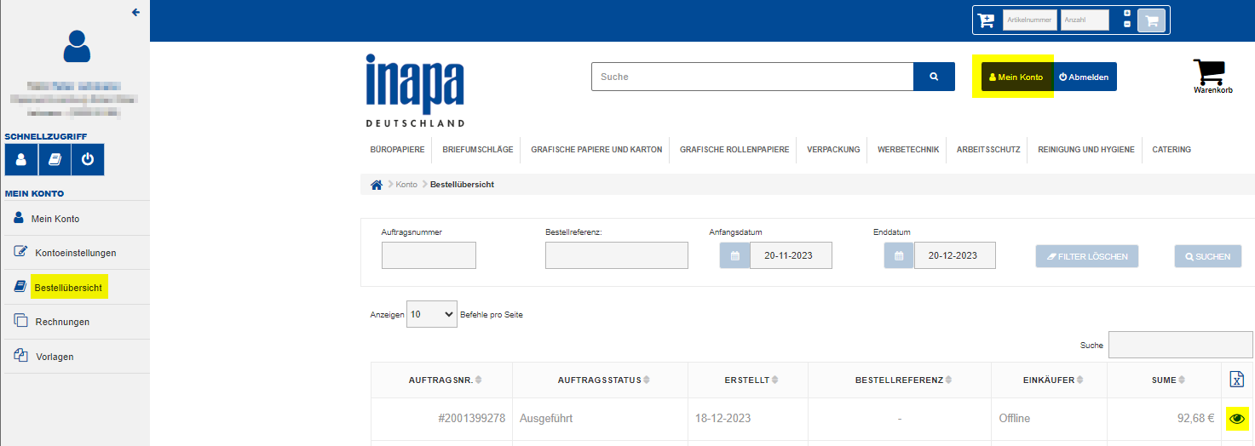 Screenshot Bestellhistorie Webshop Inapa Deutschland