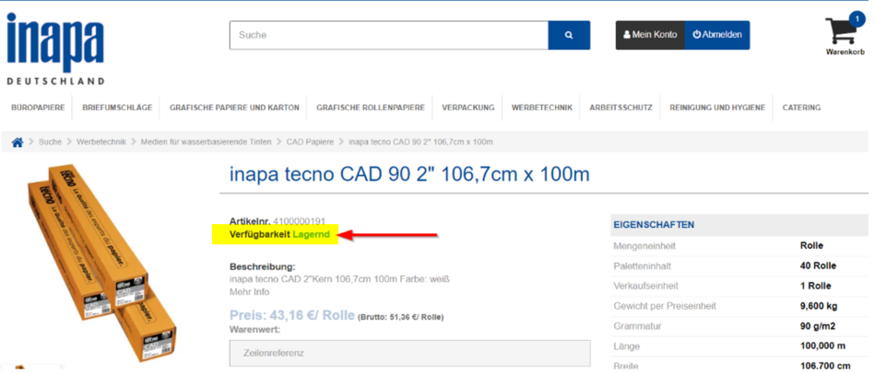 Screenshot Verfügbarkeitsanzeige Webshop Inapa Deutschland