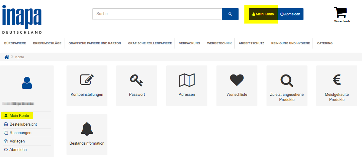 Screenshot Kontoverwaltung Webshop Inapa Deutschland