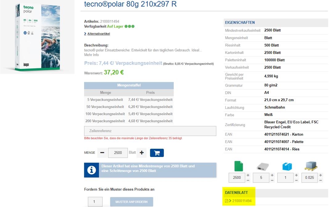 Screenshot Datenblätter herunterladen Webshop Inapa Deutschland